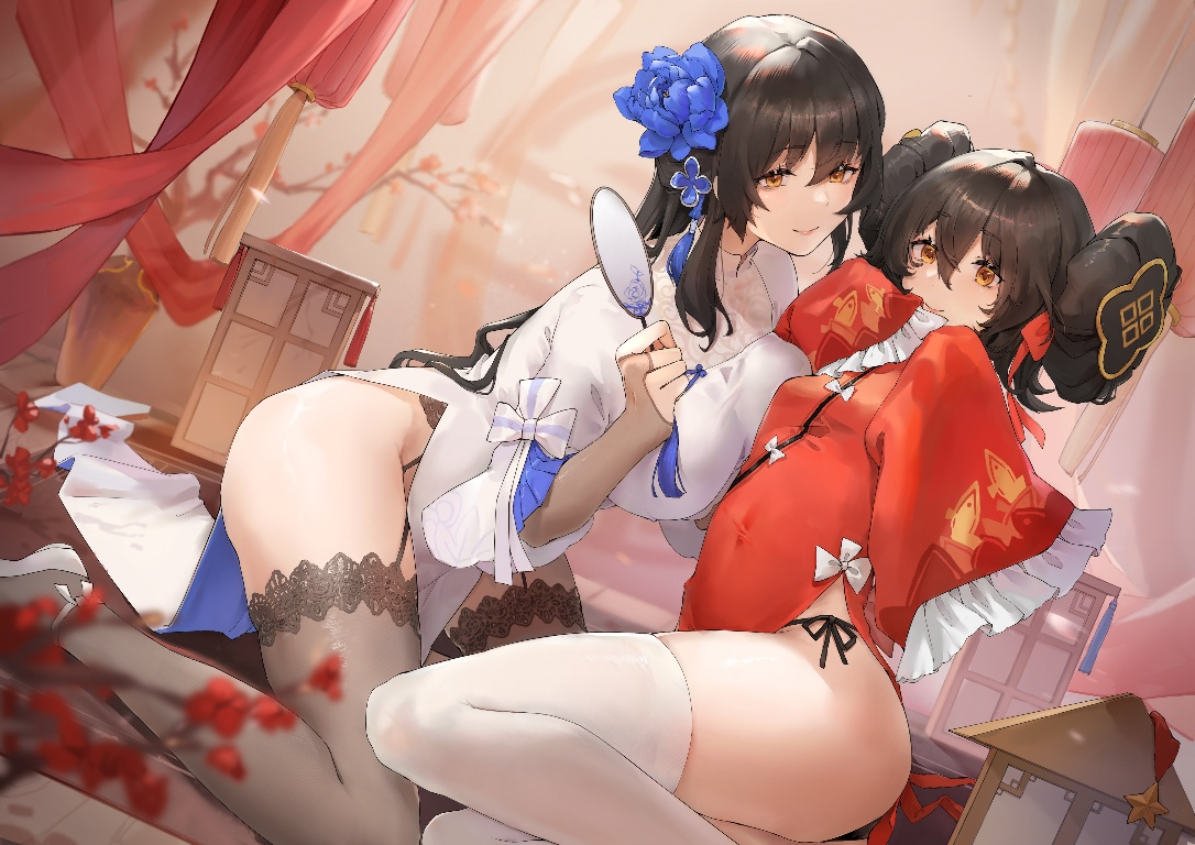 Result /files/13674_2girls_black_hair_blue_flower_breast_press_breasts.png