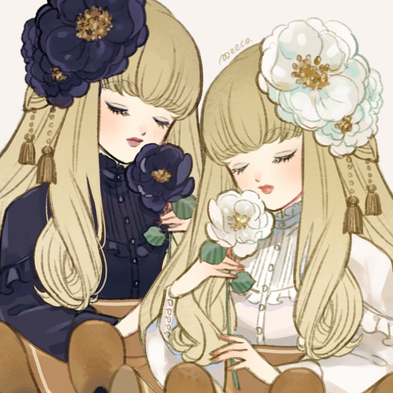 Result /files/18952_2girls_bangs_blonde_hair_blue_dress_blue_flower.png