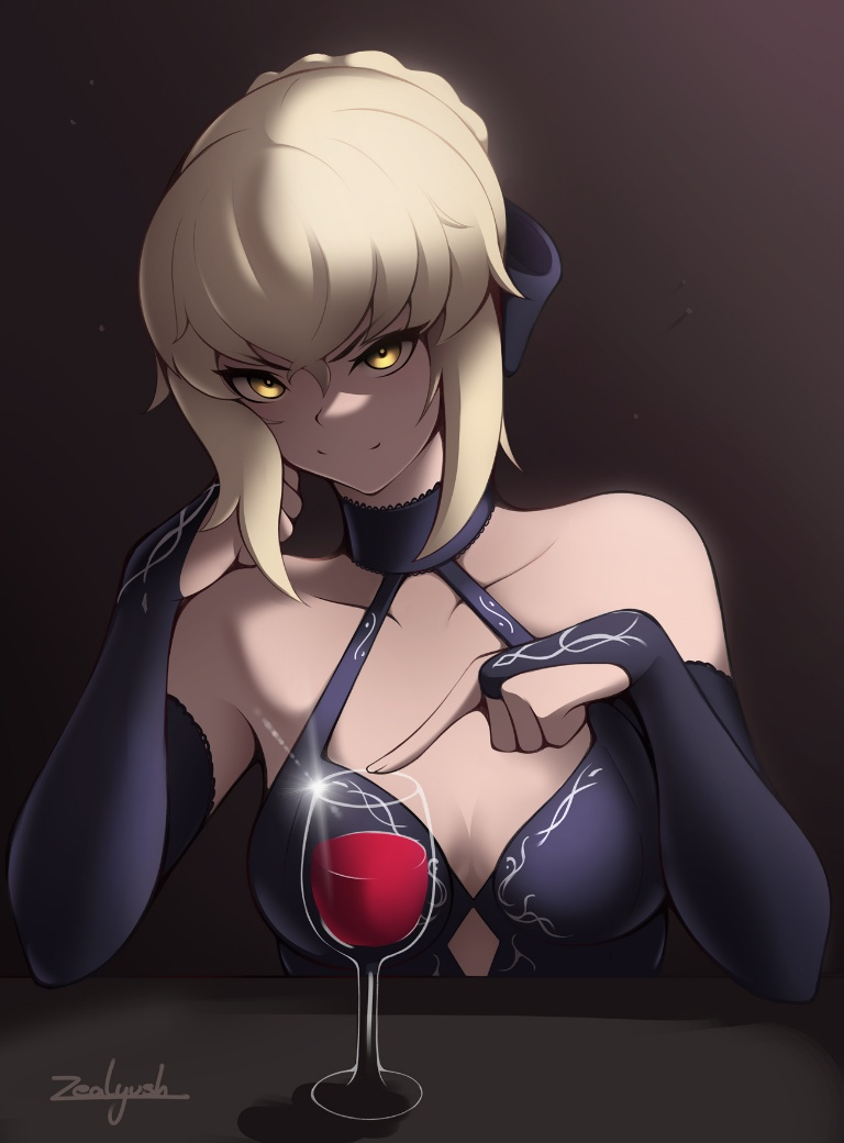 Result /files/10977_1girl_alcohol_artoria_pendragon_(fate)_bare_shoulders_black_bow.png